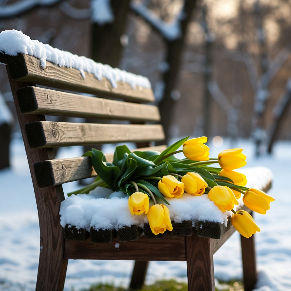 Yellow tulips on snowy park bench Yellow tulips on snowy park bench