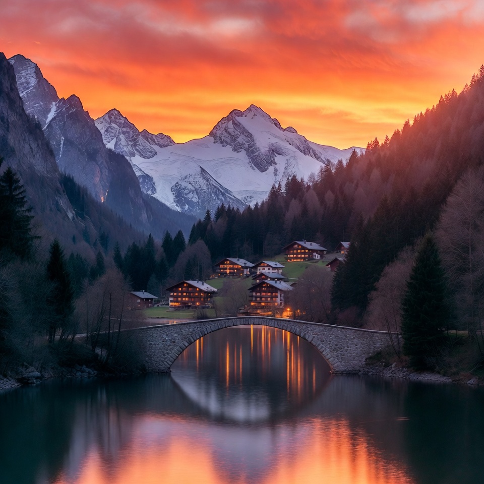 Swiss Chalet Village at Sunset with Bridge Swiss Chalet Village at Sunset with Bridge