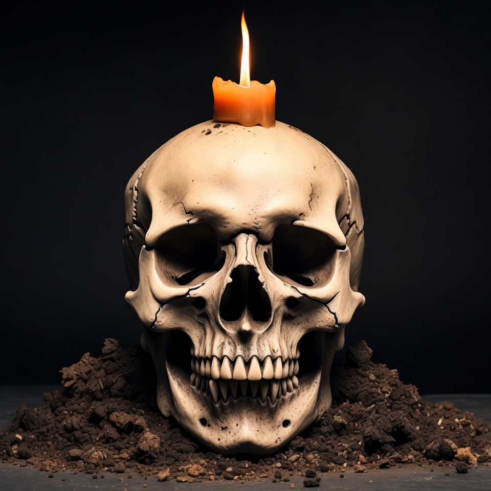 Skull with lit candle on dirt Skull with lit candle on dirt
