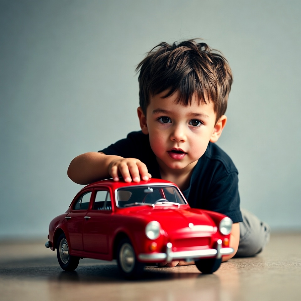 Toddler boy playing with red toy car Toddler boy playing with red toy car