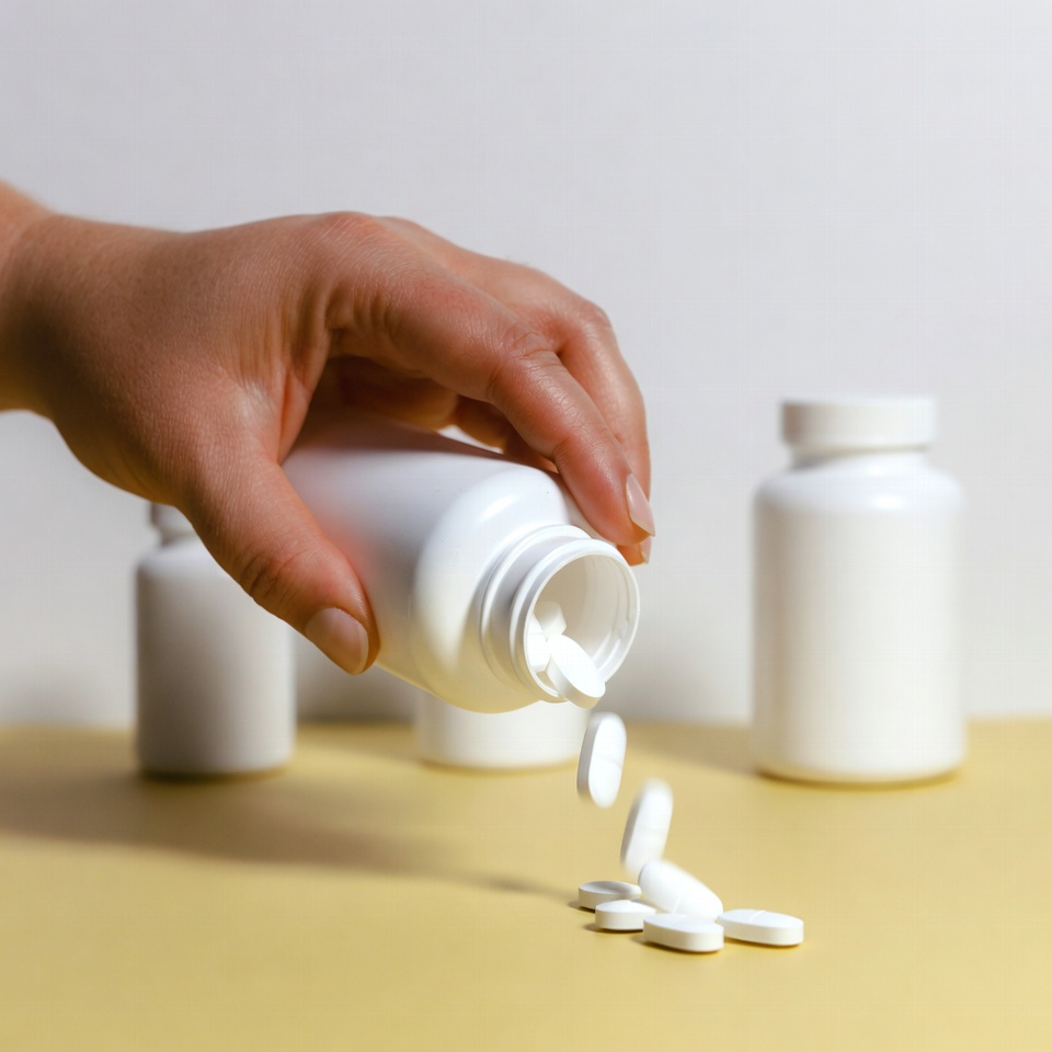 Woman pouring white pills from bottle Woman pouring white pills from bottle