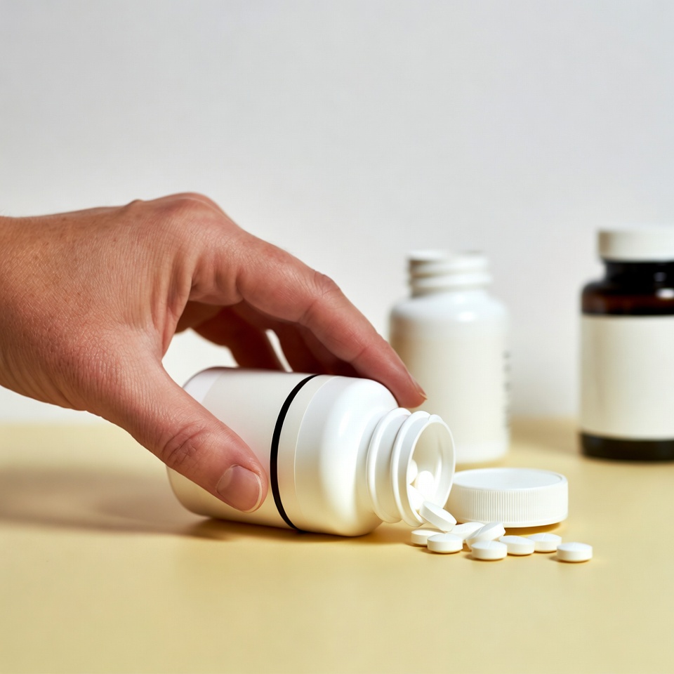 Hand spilling white pills from bottle Hand spilling white pills from bottle