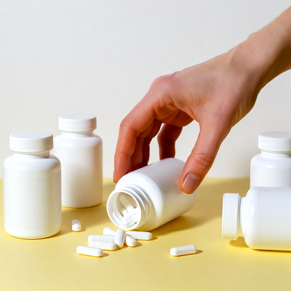 Hand pouring white pills from bottle Hand pouring white pills from bottle