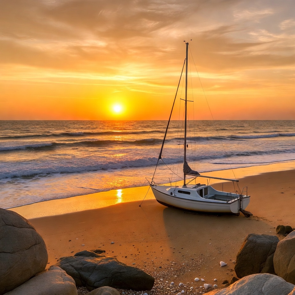 White sailboat on beach at sunset White sailboat on beach at sunset