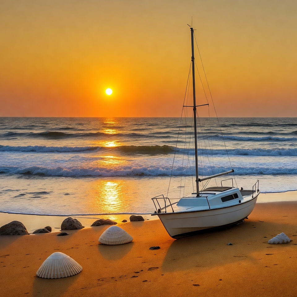White sailboat on beach at sunset White sailboat on beach at sunset