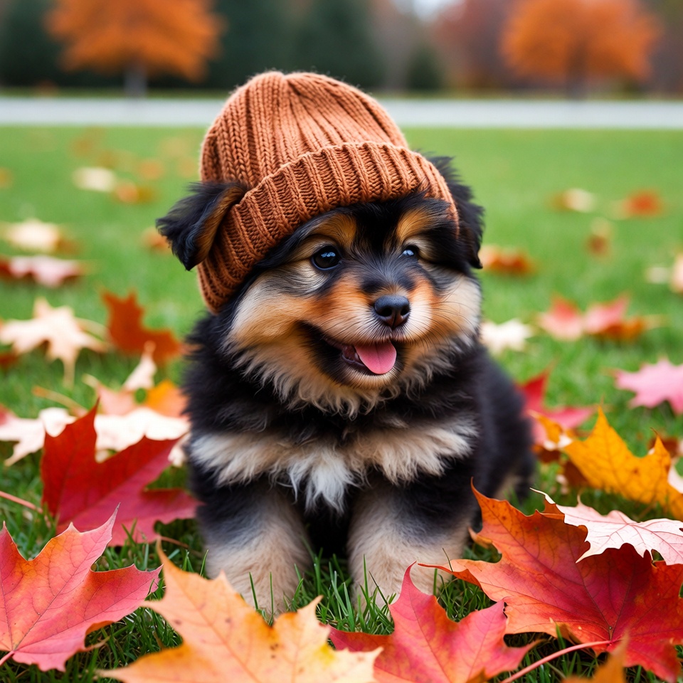 Puppy Wearing Knit Beanie in Autumn Leaves Puppy Wearing Knit Beanie in Autumn Leaves