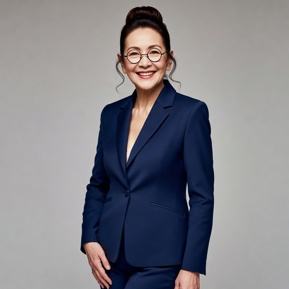 Asian woman in navy suit smiling Asian woman in navy suit smiling