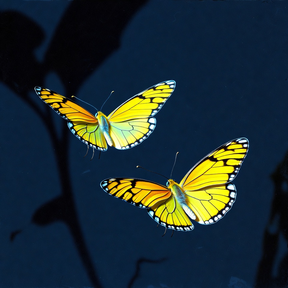 Two Yellow Butterflies on Dark Background Two Yellow Butterflies on Dark Background