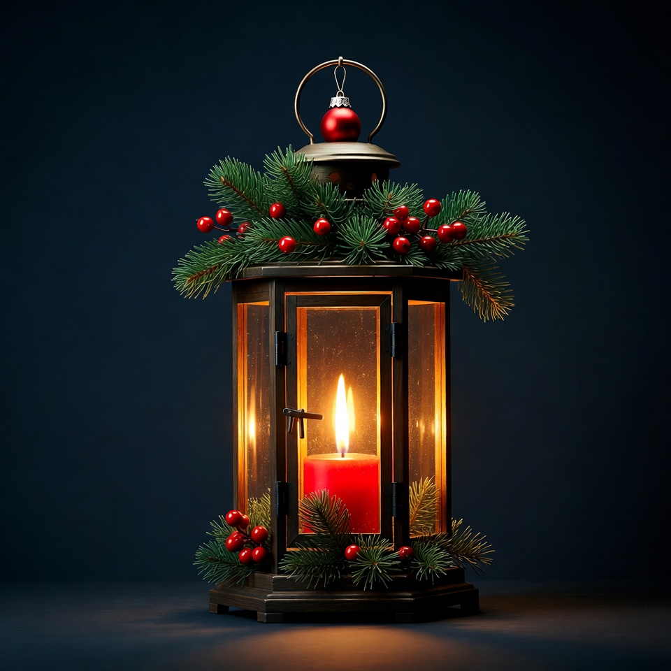 Christmas Lantern with Candle and Holly Christmas Lantern with Candle and Holly