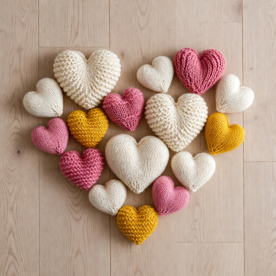 Colorful Knitted Hearts on Wooden Floor Colorful Knitted Hearts on Wooden Floor
