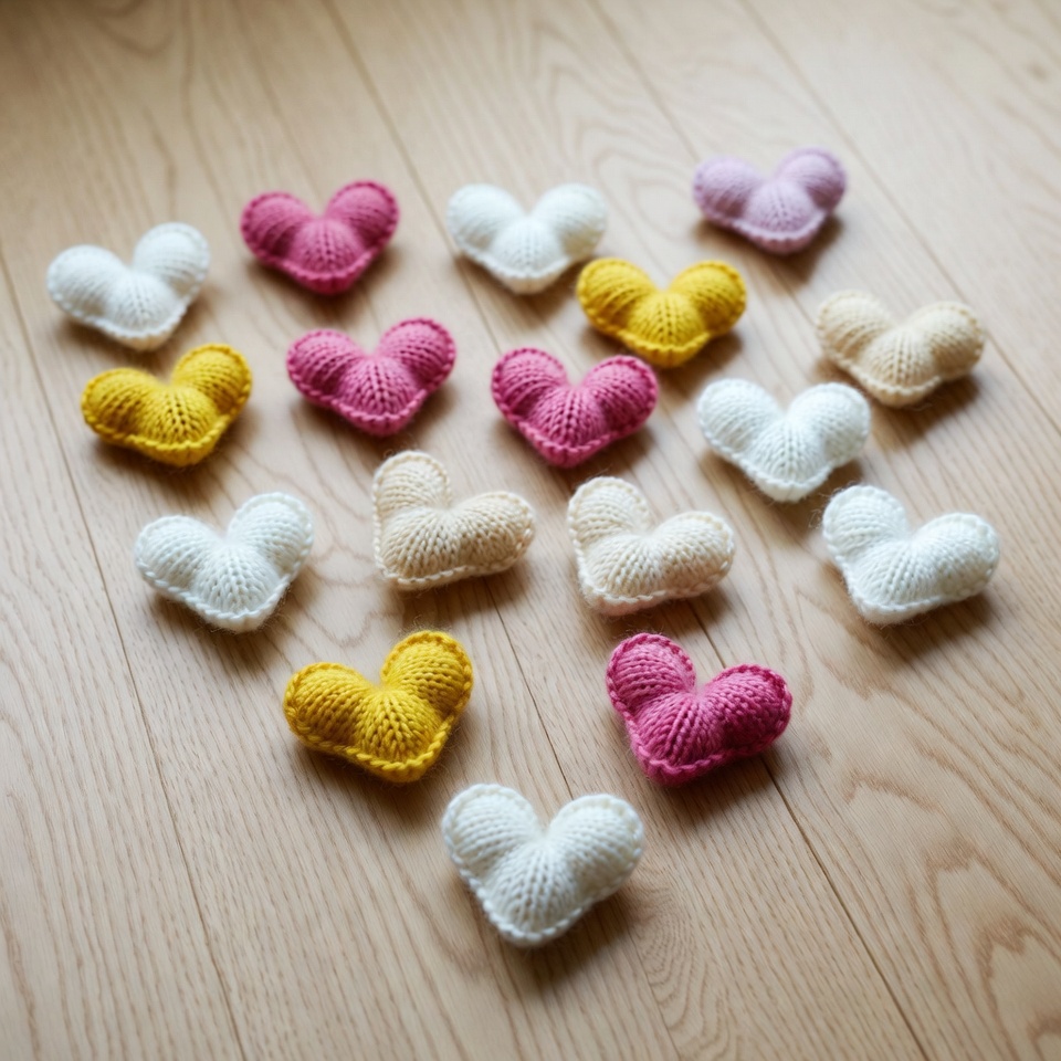 Colorful Knitted Hearts on Wooden Floor Colorful Knitted Hearts on Wooden Floor