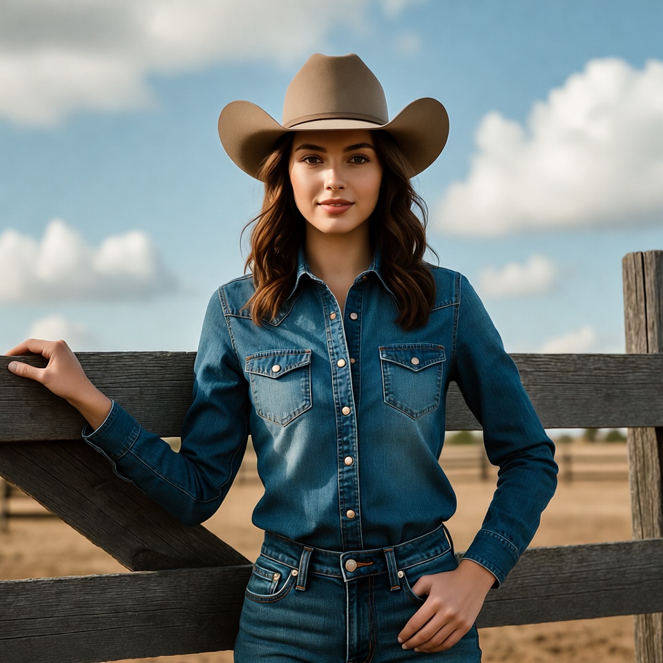 Woman in cowboy hat leaning on fence Woman in cowboy hat leaning on fence