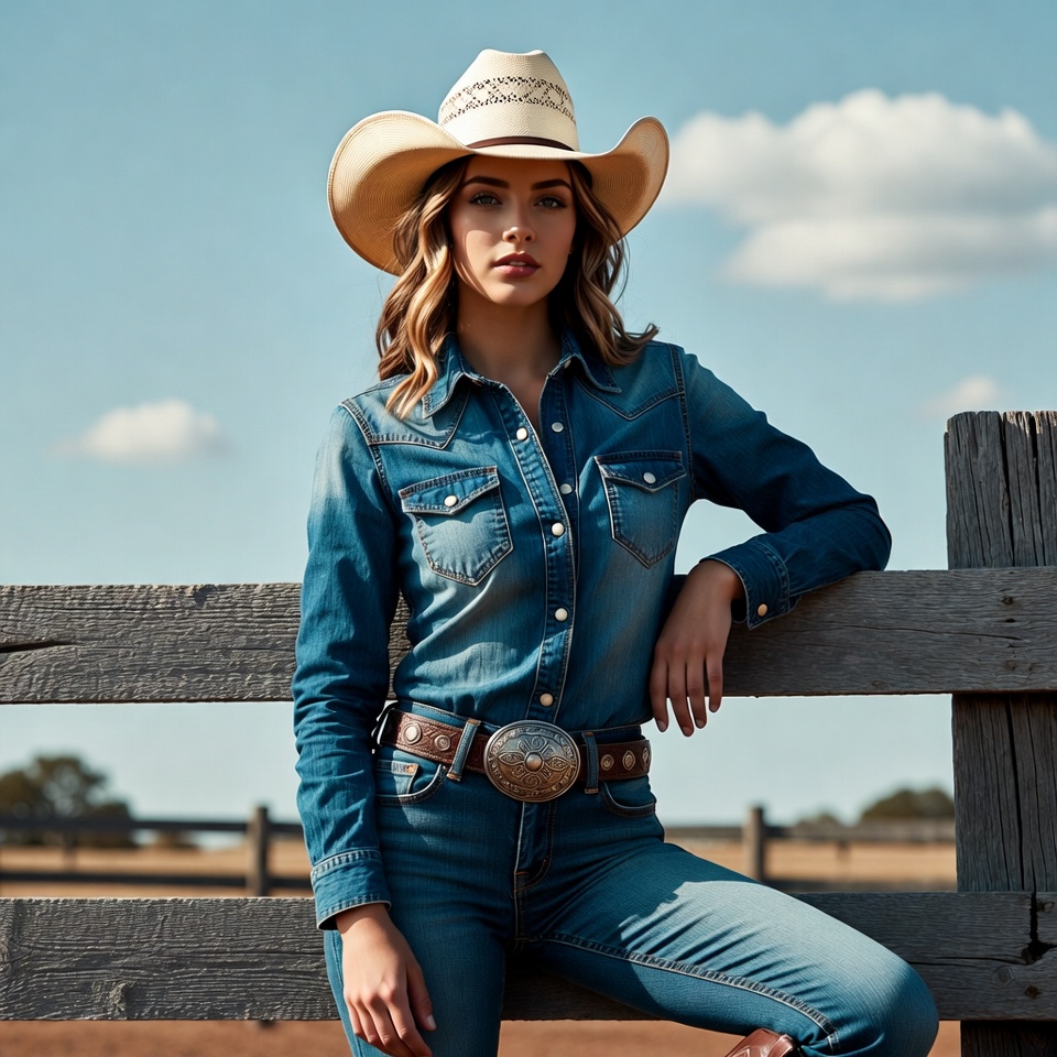 Woman in cowboy hat leaning on fence Woman in cowboy hat leaning on fence