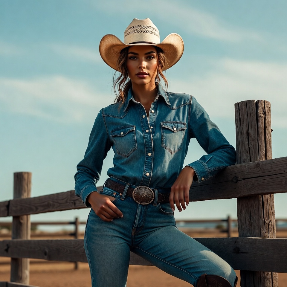Woman in cowboy hat leaning on fence Woman in cowboy hat leaning on fence