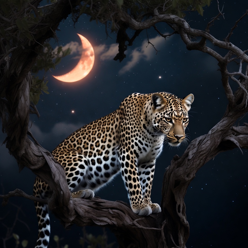 Leopard on Tree Branch Under Moon Leopard on Tree Branch Under Moon