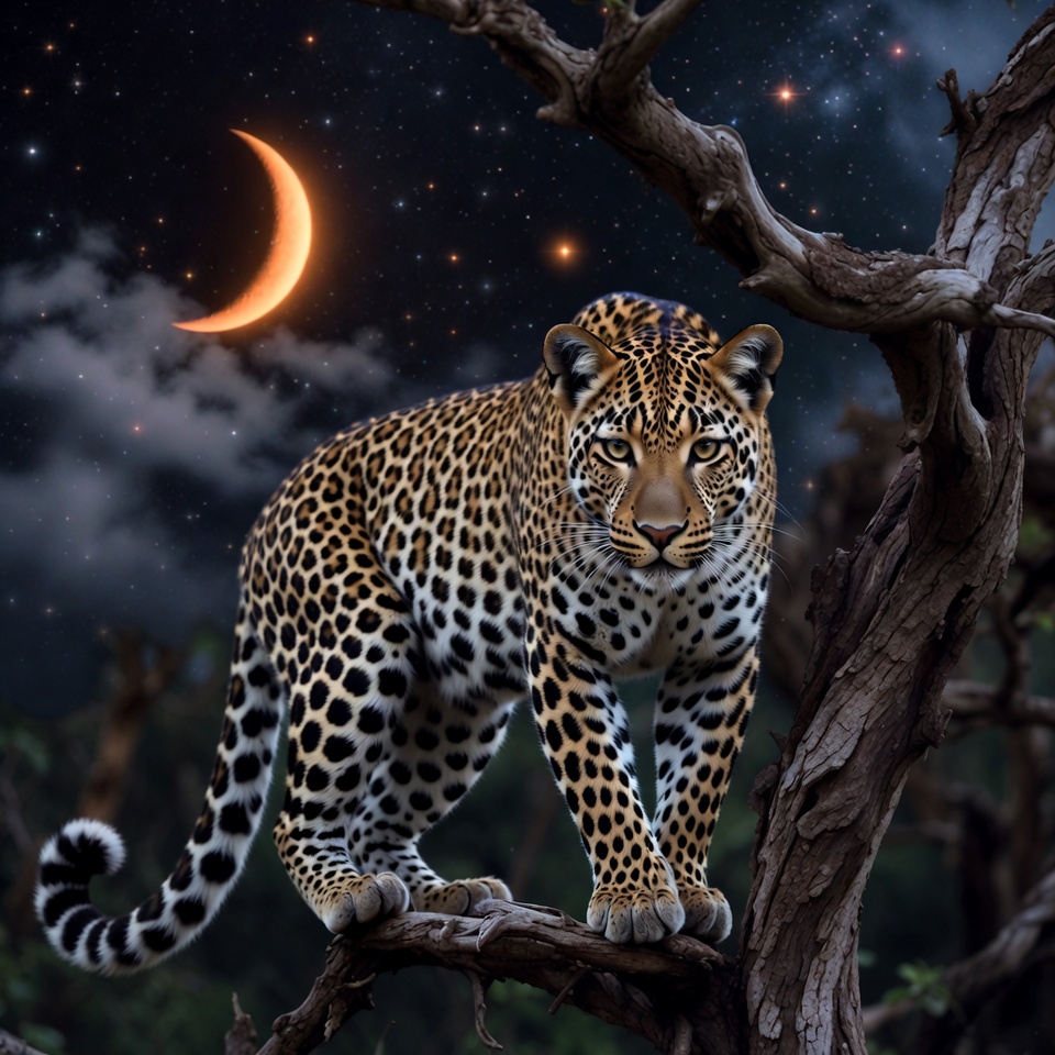 Leopard on branch under starry moonlit sky Leopard on branch under starry moonlit sky