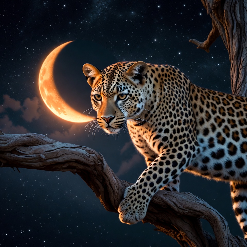 Leopard on Tree Branch Under Moon Leopard on Tree Branch Under Moon