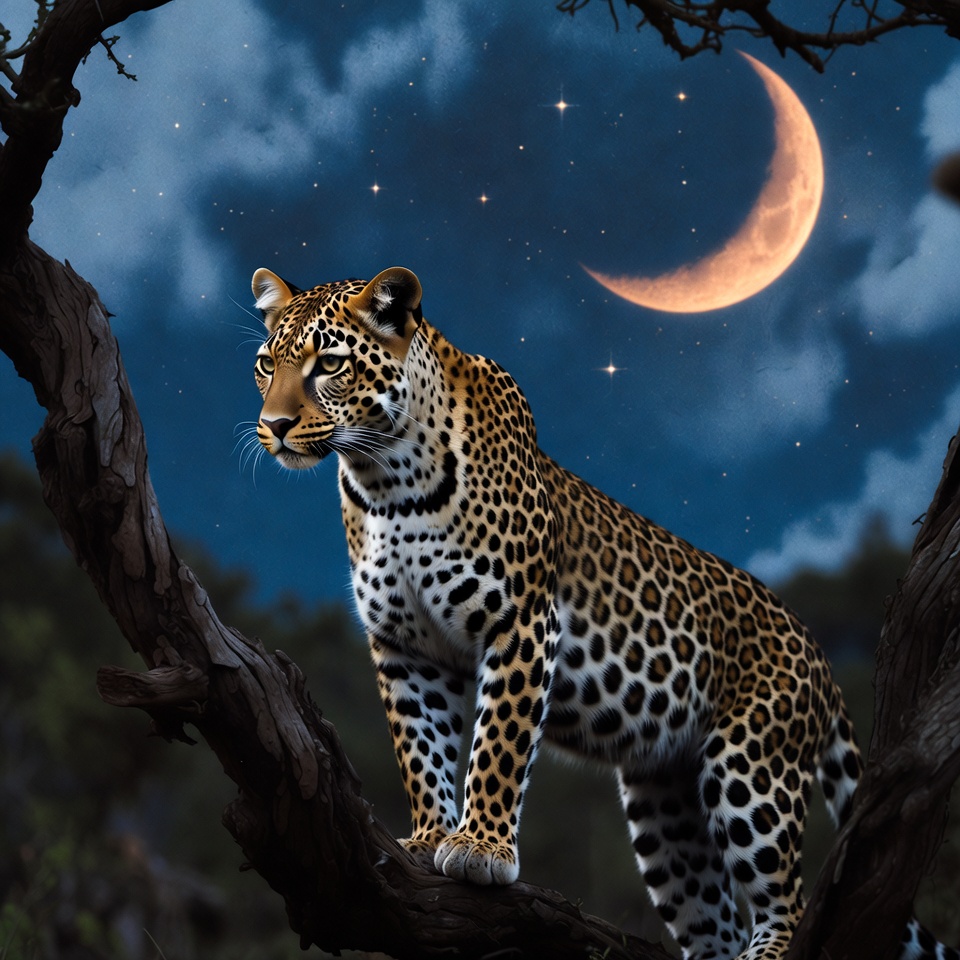 Leopard on branch under moon Leopard on branch under moon