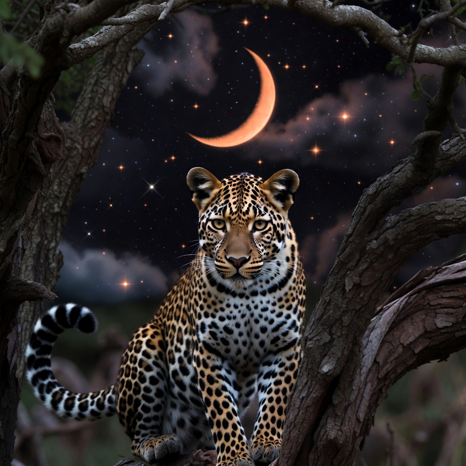 Leopard sitting on tree branch at night Leopard sitting on tree branch at night