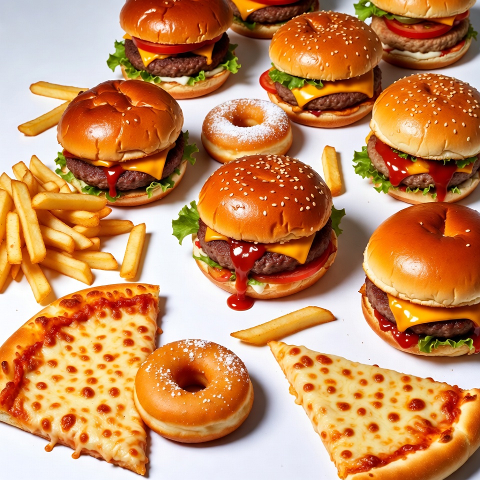 Assortment of Burgers Fries Pizza Donuts Assortment of Burgers Fries Pizza Donuts