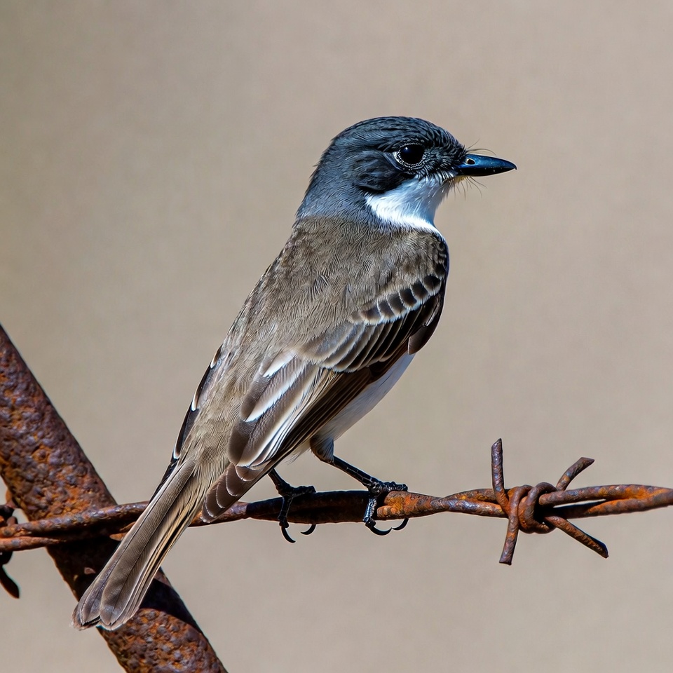 Gray bird perched on barbed wire Gray bird perched on barbed wire