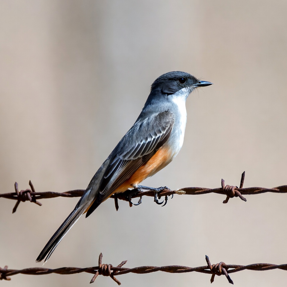 Vermilion Flycatcher perched on barbed wire Vermilion Flycatcher perched on barbed wire