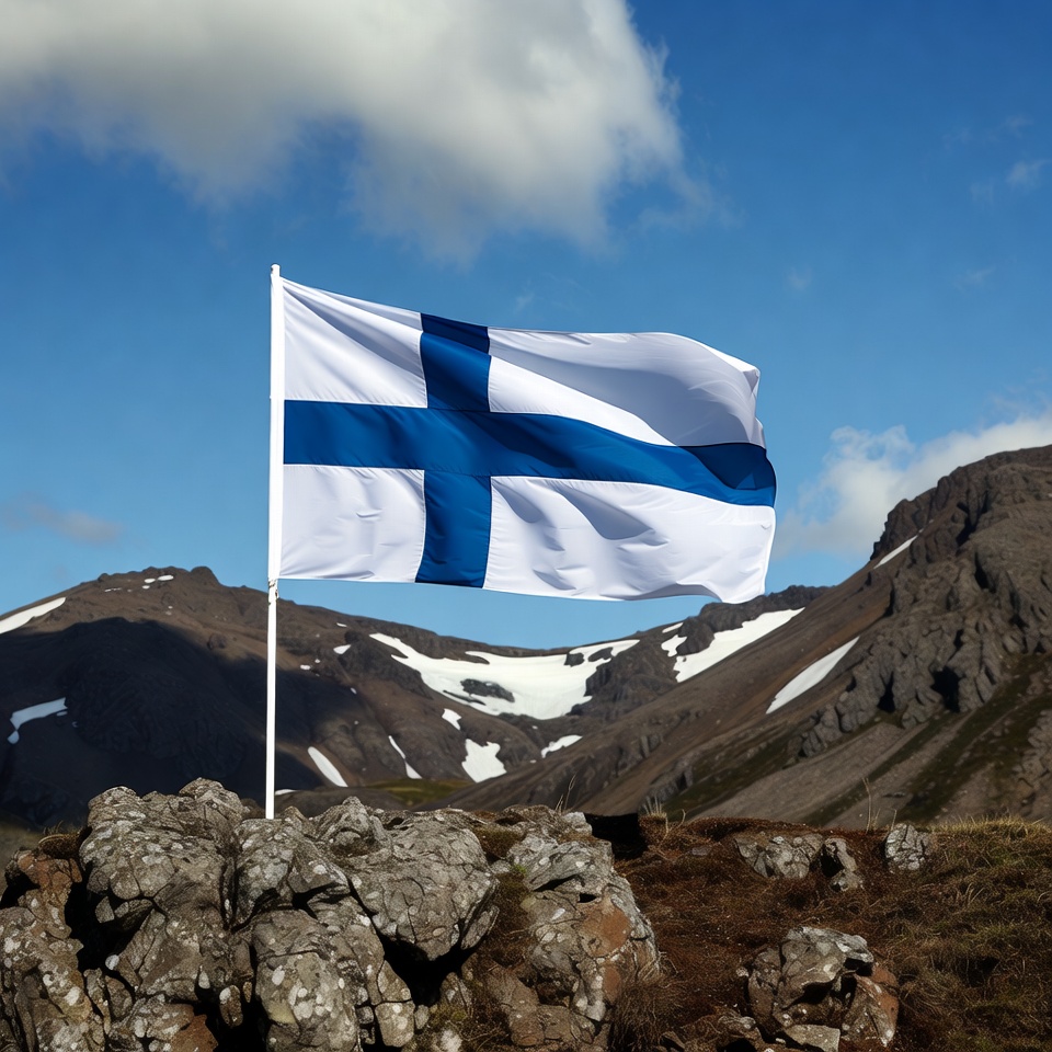 Finnish Flag on Mountain Summit Finnish Flag on Mountain Summit