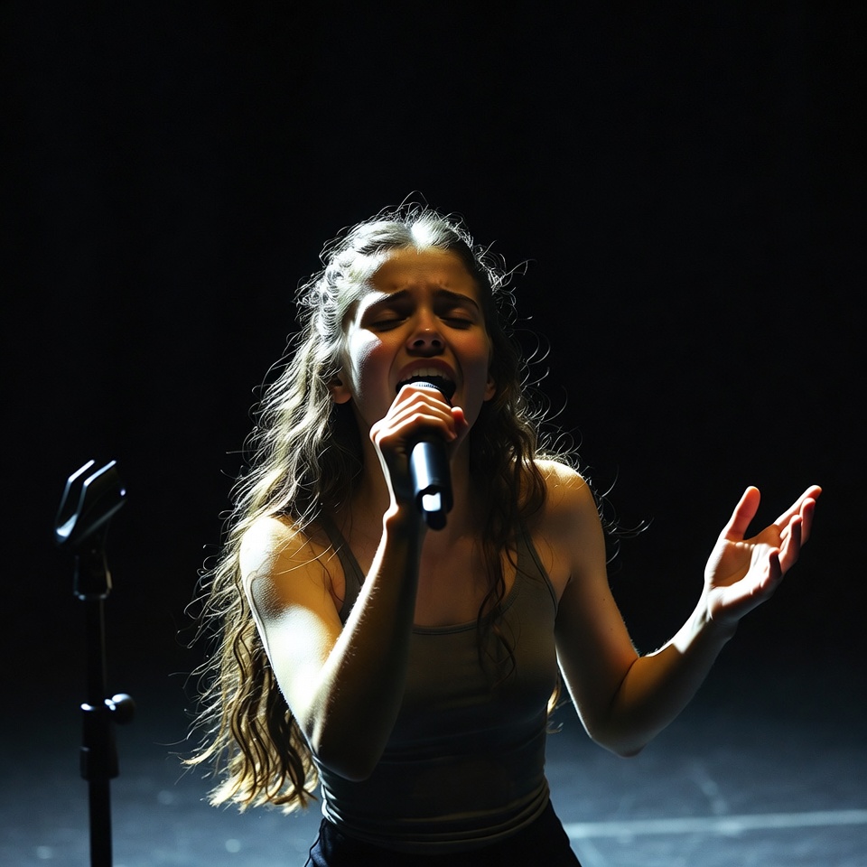 Young woman singing into microphone Young woman singing into microphone
