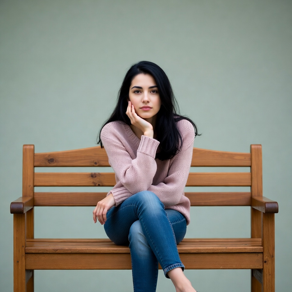 Woman sitting on wooden bench Woman sitting on wooden bench