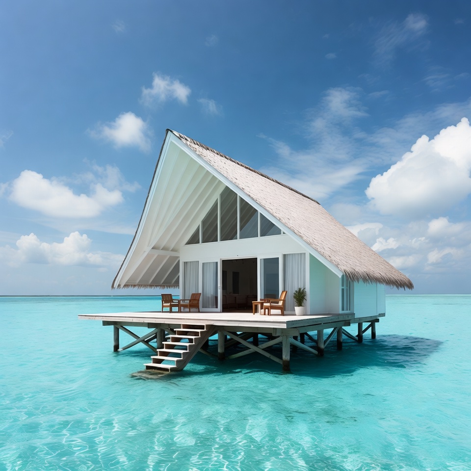 White Overwater Bungalow in Turquoise Lagoon White Overwater Bungalow in Turquoise Lagoon
