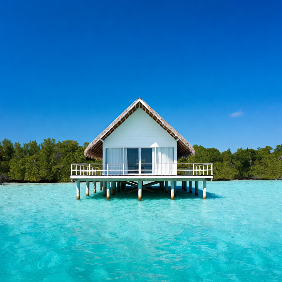 White Overwater Bungalow in Turquoise Lagoon White Overwater Bungalow in Turquoise Lagoon