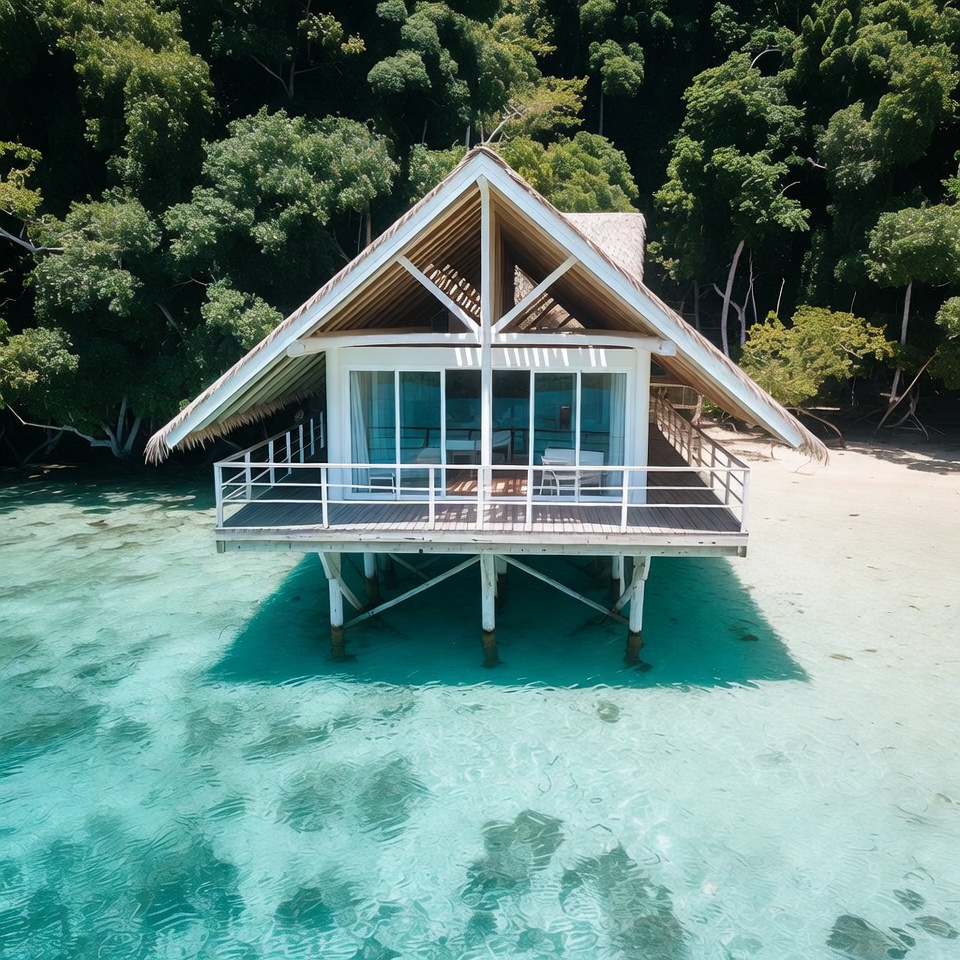 Overwater bungalow in turquoise lagoon Overwater bungalow in turquoise lagoon