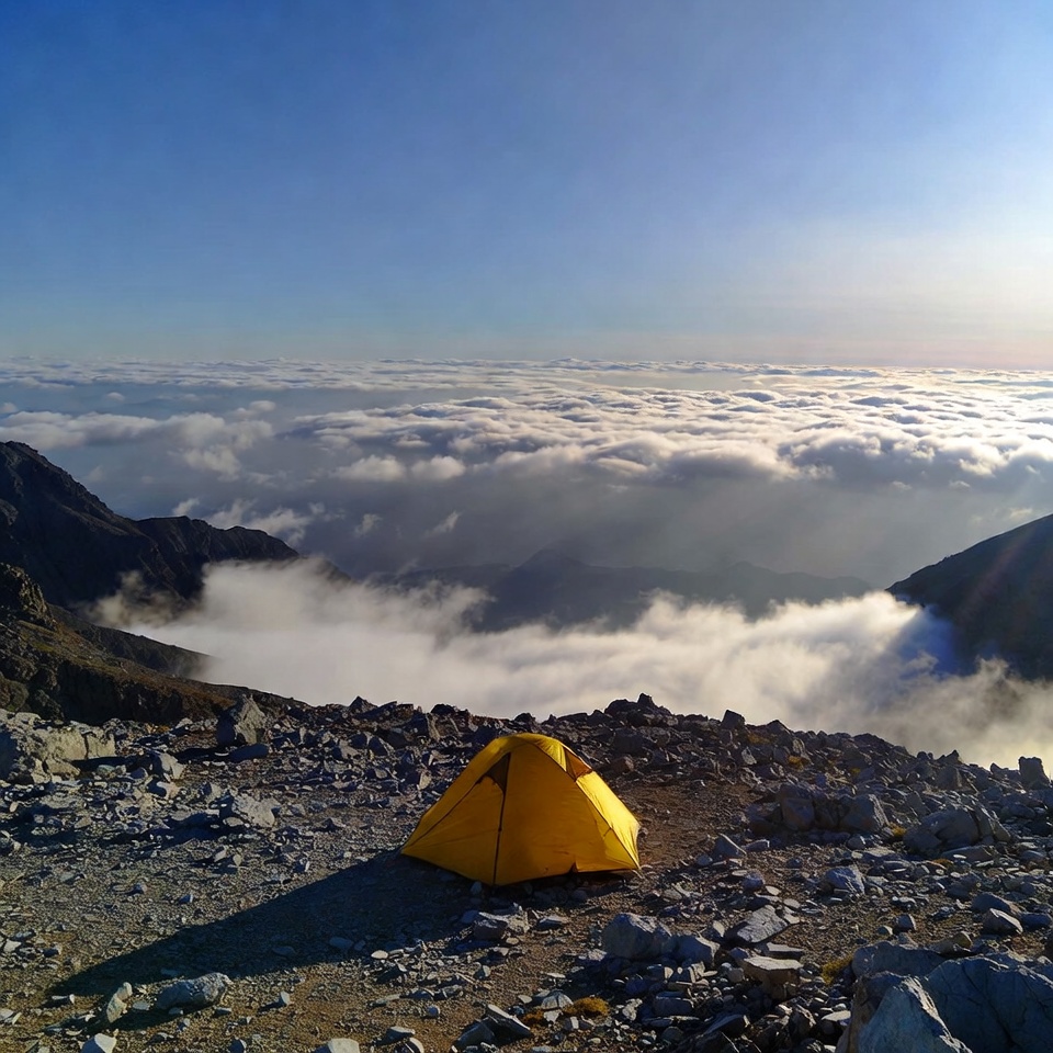 Yellow tent on mountain above clouds Yellow tent on mountain above clouds