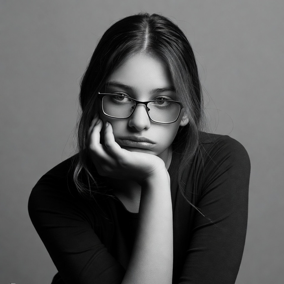 Young woman resting chin on hand Young woman resting chin on hand