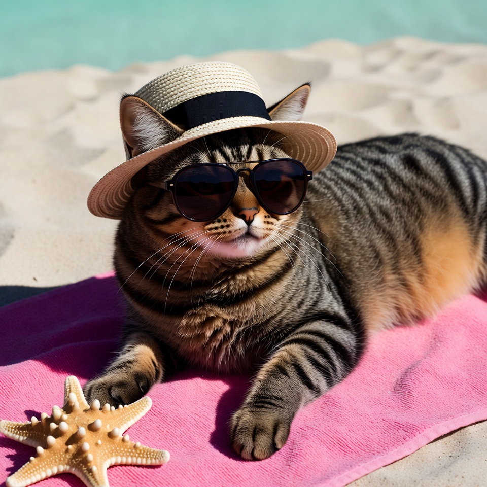 Cat wearing sunglasses and hat on beach Cat wearing sunglasses and hat on beach