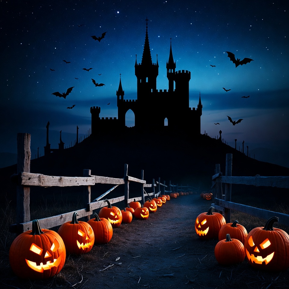 Halloween Castle with Pumpkins and Bats Halloween Castle with Pumpkins and Bats