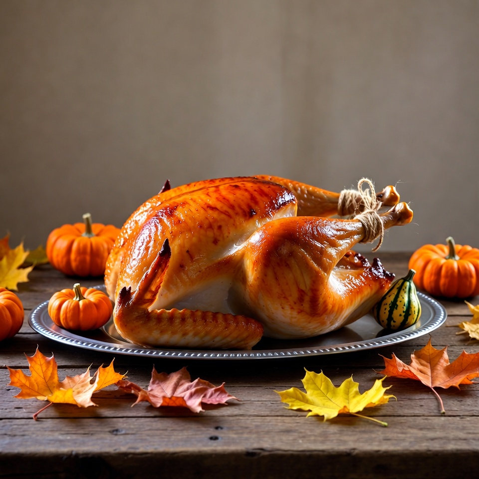 Roasted Turkey with Pumpkins and Autumn Leaves Roasted Turkey with Pumpkins and Autumn Leaves