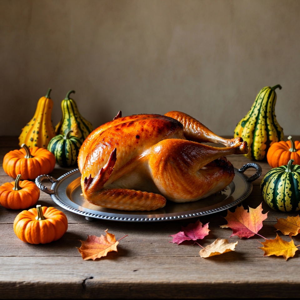Roasted Turkey with Pumpkins and Autumn Leaves Roasted Turkey with Pumpkins and Autumn Leaves
