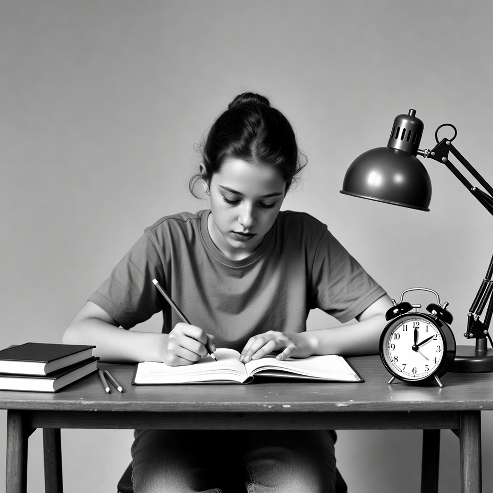 Girl studying at desk with lamp Girl studying at desk with lamp