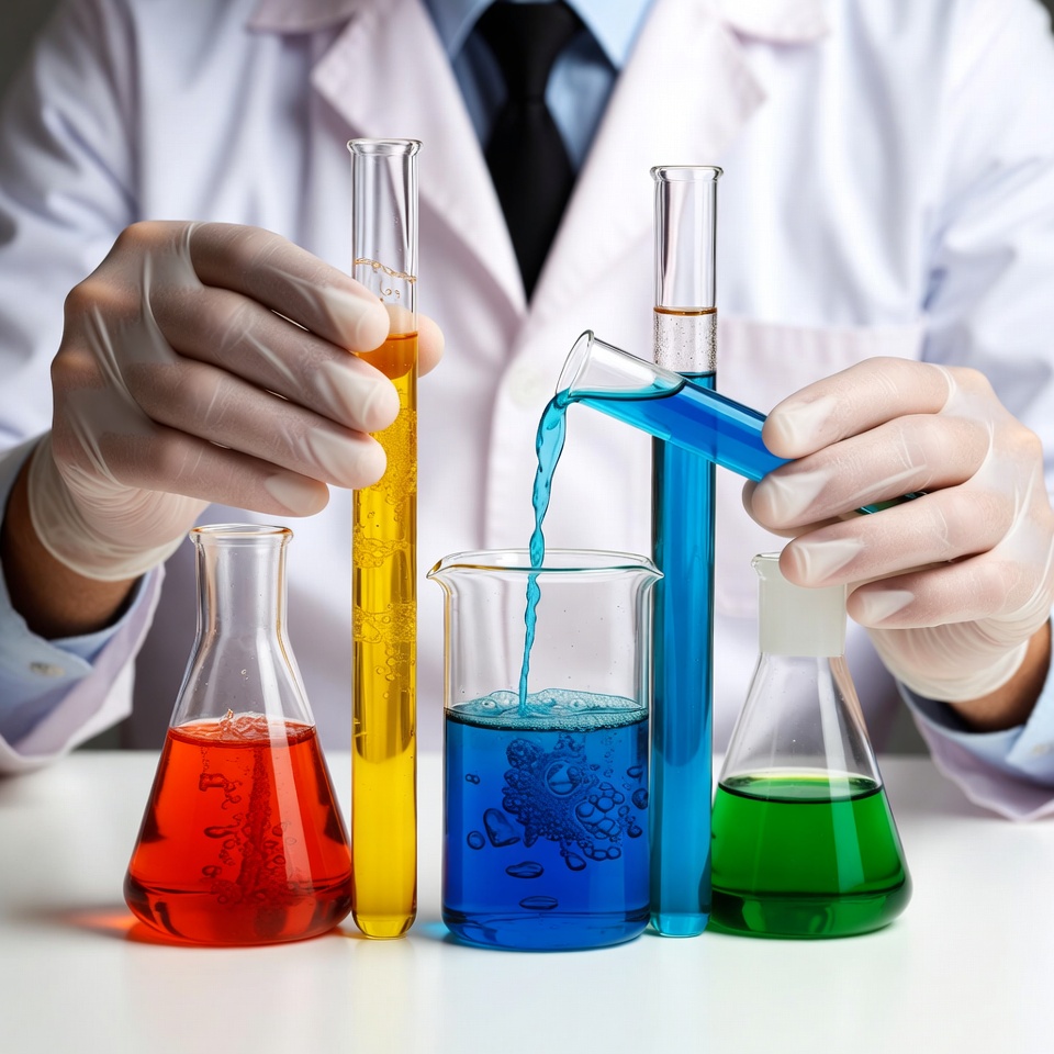 Scientist pouring blue liquid into beaker Scientist pouring blue liquid into beaker