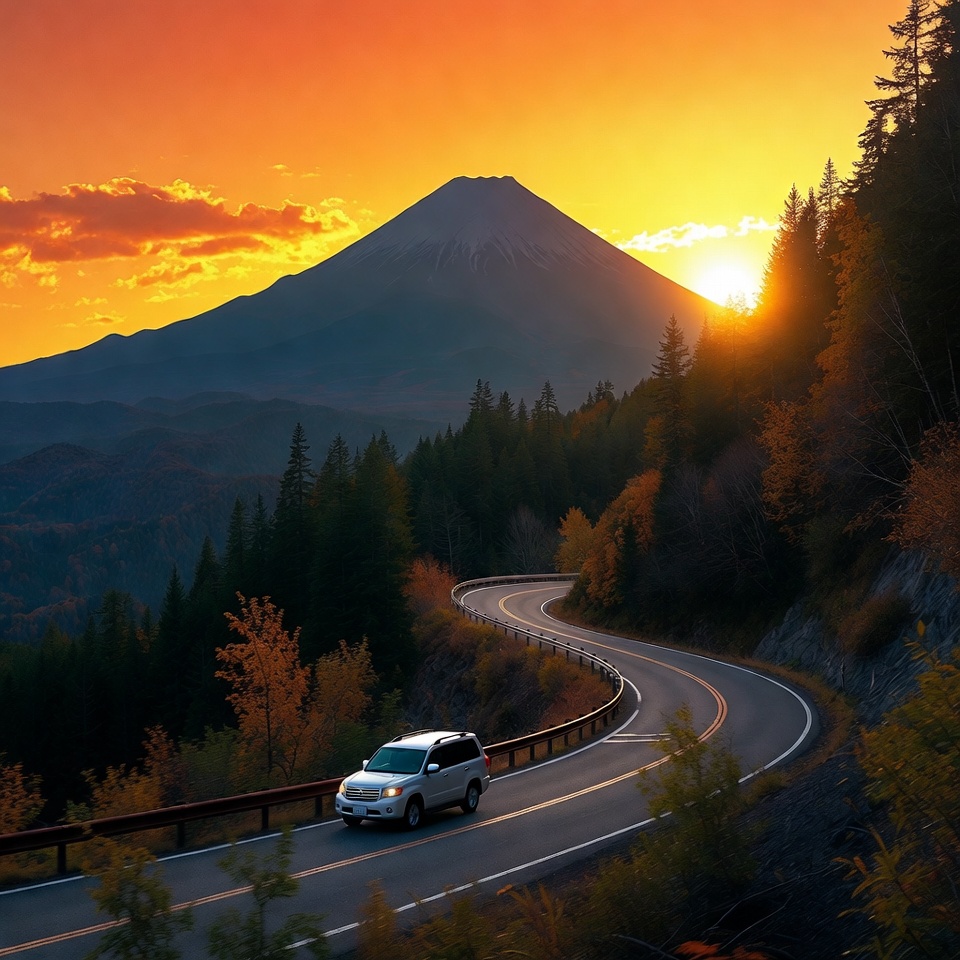 White SUV on mountain road at sunset White SUV on mountain road at sunset