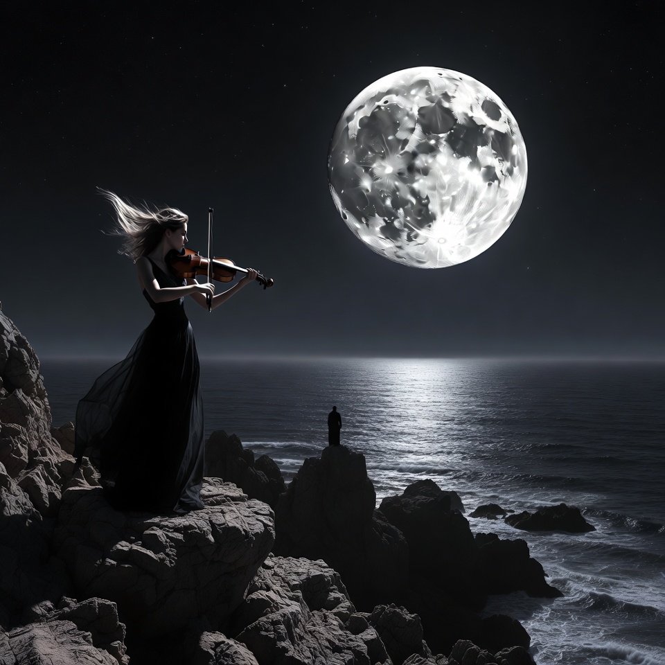 Woman playing violin under full moon Woman playing violin under full moon