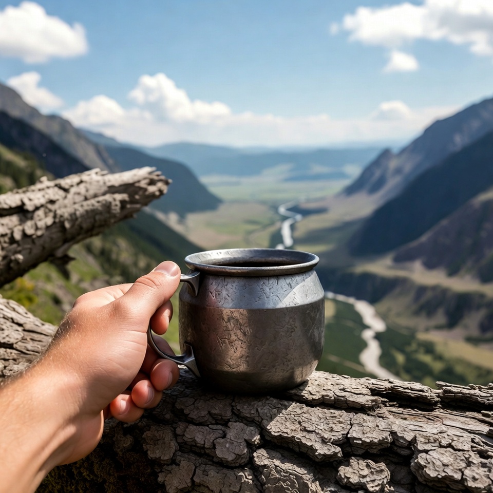 Man holding mug on mountain edge Man holding mug on mountain edge