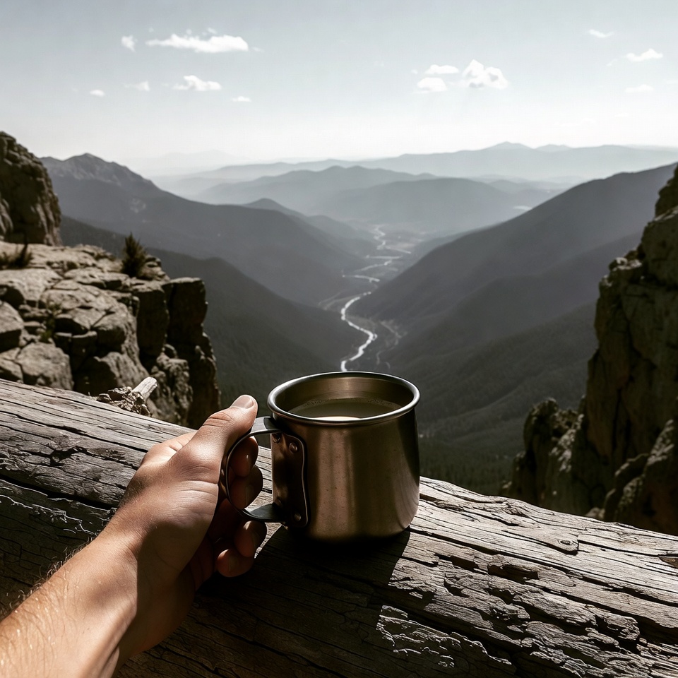 Man holding mug overlooking mountains Man holding mug overlooking mountains
