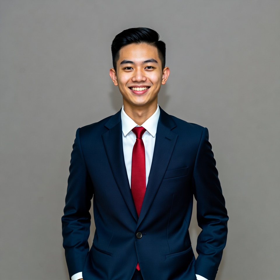 Asian man smiling in navy suit Asian man smiling in navy suit