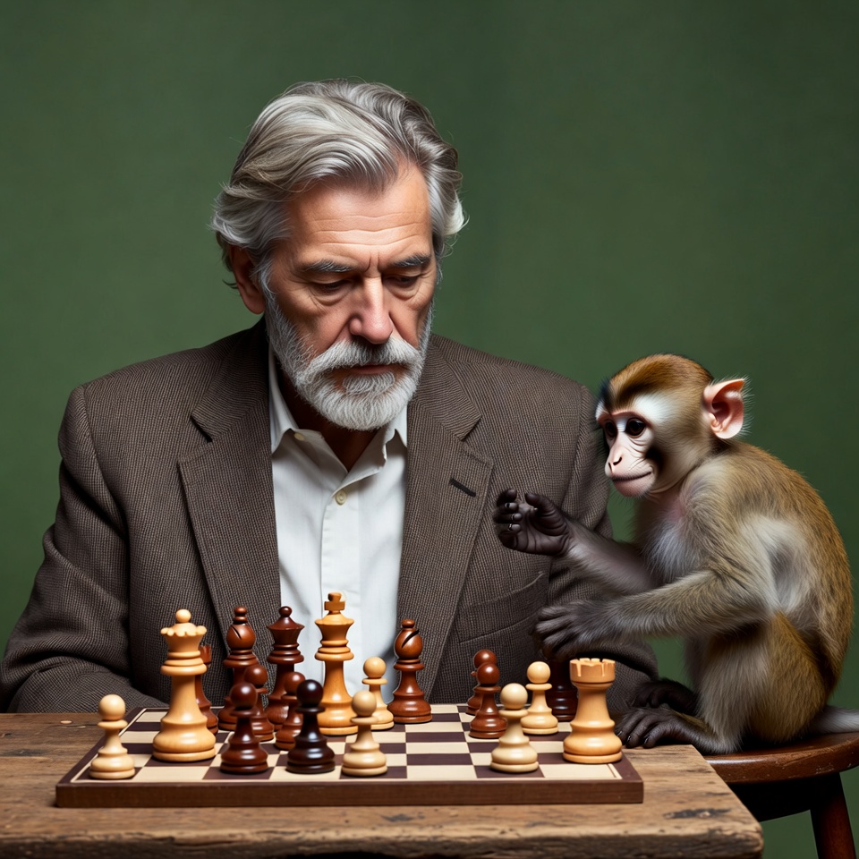 Elderly man playing chess with monkey Elderly man playing chess with monkey