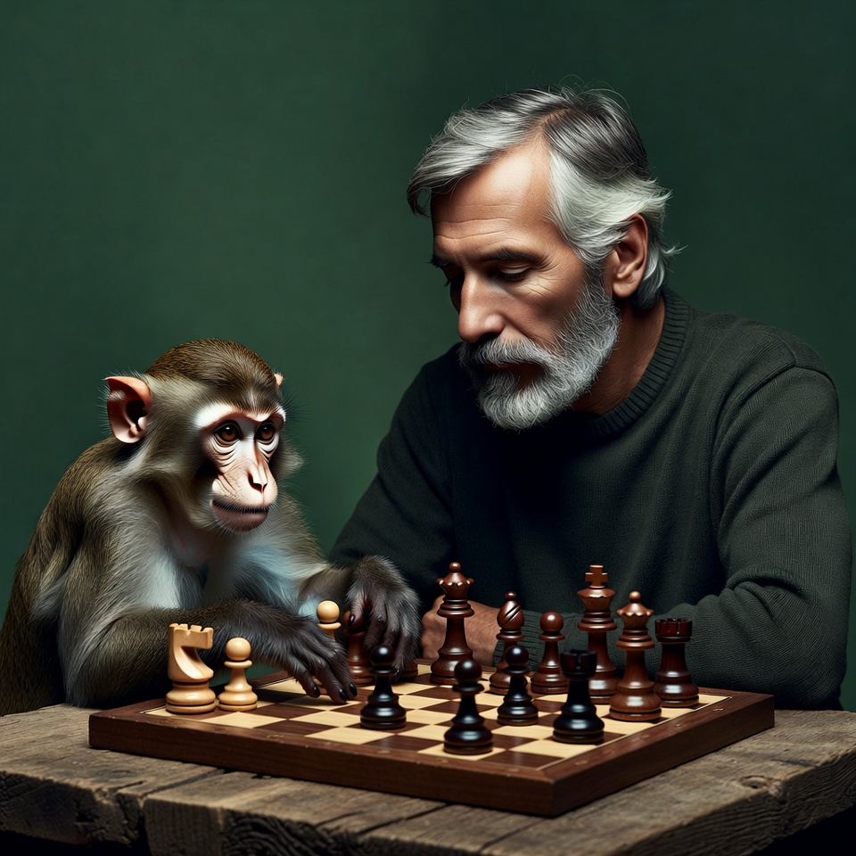 Elderly man playing chess with monkey Elderly man playing chess with monkey