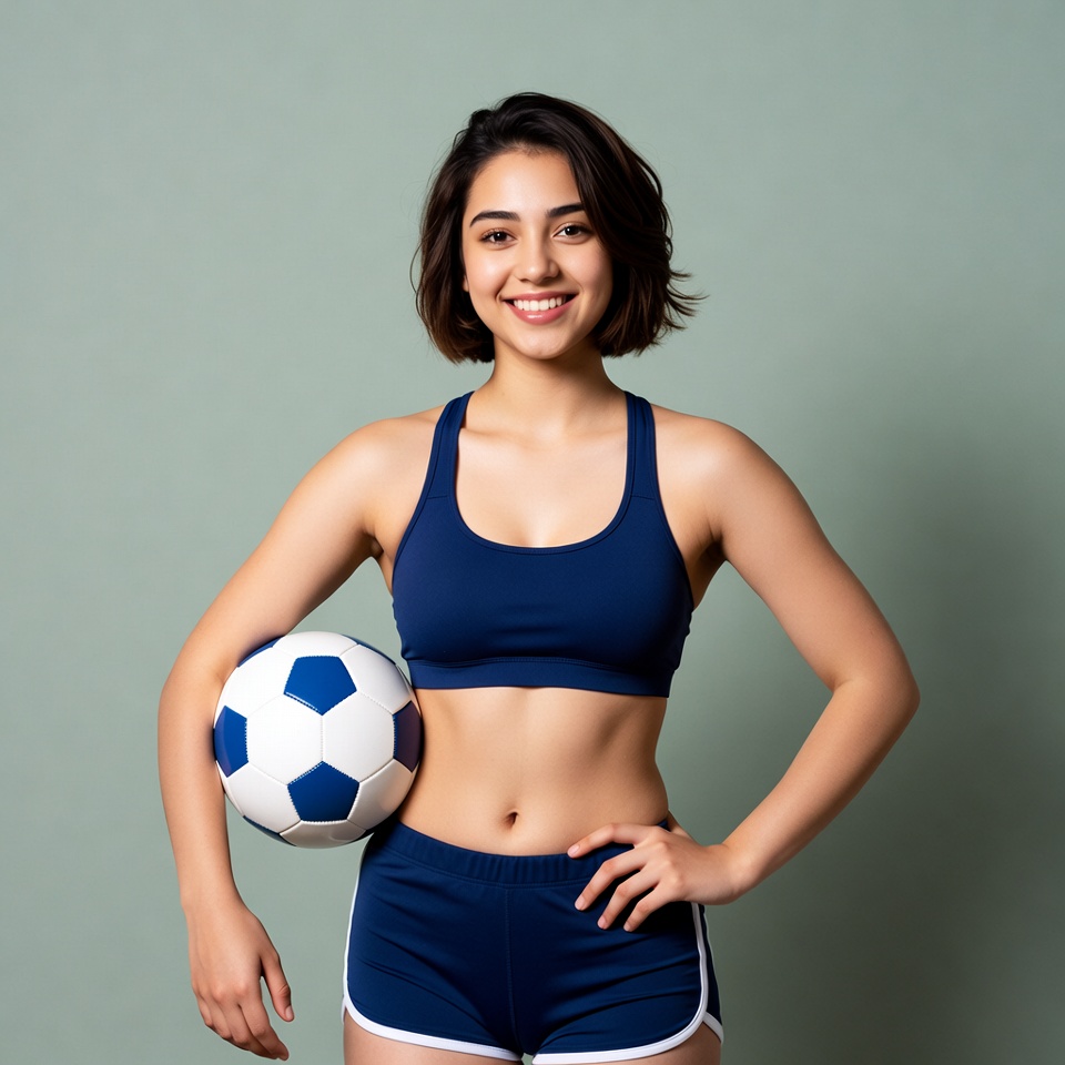Smiling woman holding soccer ball Smiling woman holding soccer ball