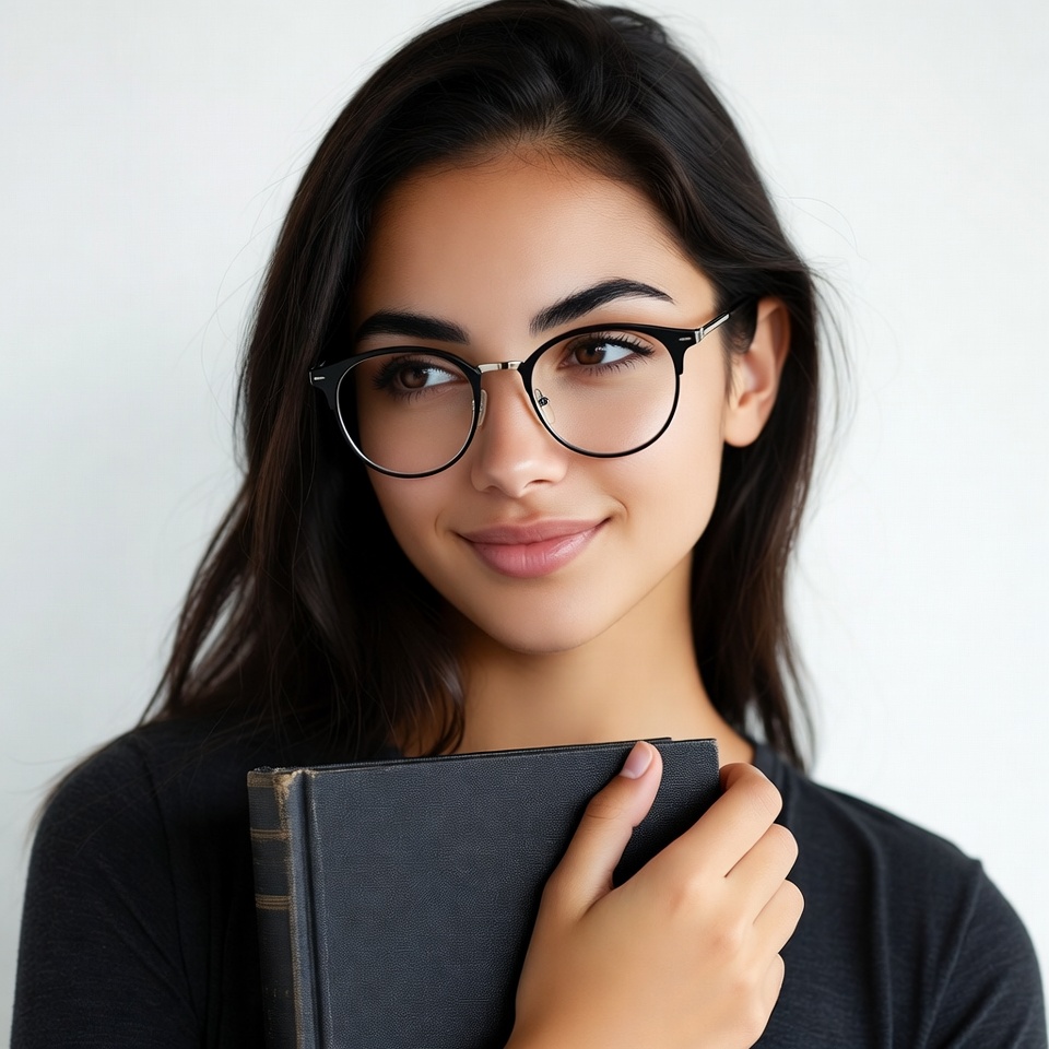 Woman holding book wearing glasses Woman holding book wearing glasses