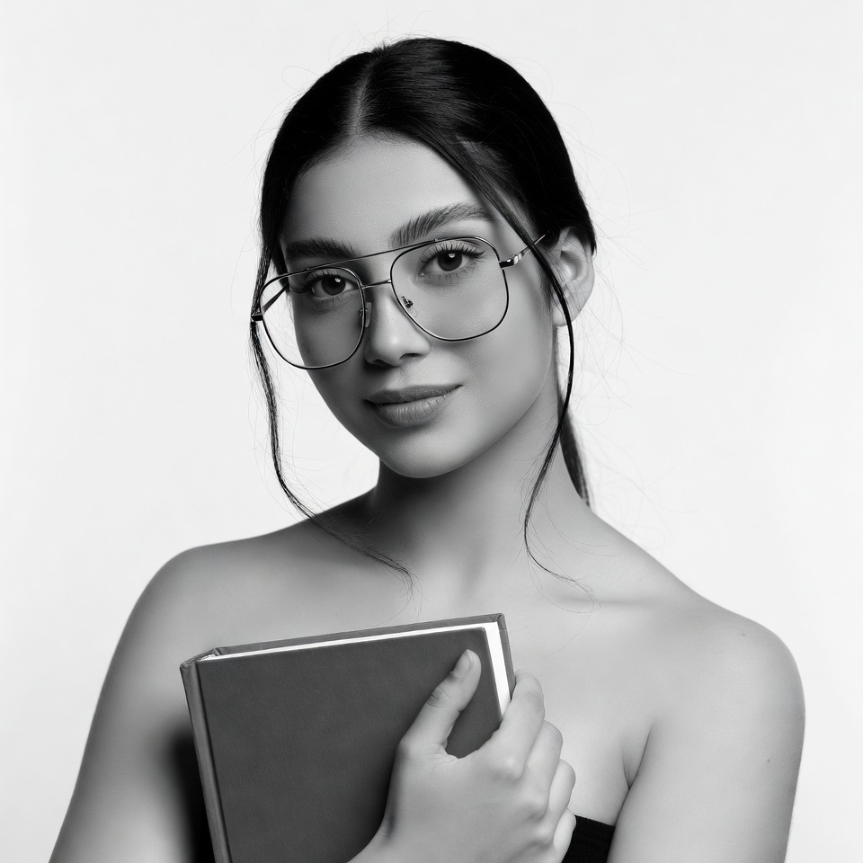 Woman holding book in glasses Woman holding book in glasses
